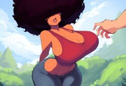 1boy afro ai_generated big_breasts brinne curvy hair_over_eyes mullon novelai original_character tank_top voluptuous_female wide_hips