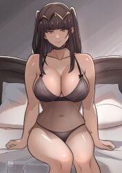 1girls 2024 artist_name bed bedroom black_eyes black_hair black_lingerie breasts cleavage female female_only fire_emblem fire_emblem_awakening hair_ornament highres ihsnet large_breasts light-skinned_female light_skin lingerie looking_at_viewer nintendo sitting solo tharja_(fire_emblem) twintails watermark