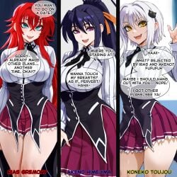 3girls ai_generated aipotions akeno_himejima big_breasts black_hair blue_eyes breasts cheating english_text high_school_dxd koneko_toujou light-skinned_female long_hair looking_at_viewer multiple_girls open_mouth red_hair rias_gremory school_uniform smile text thick_thighs thighs