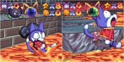 animal_crossing anyplant088 ass bubble_ass bubble_butt burn burned burning butt_on_fire cat_ears cat_humanoid lava pixel_(artwork) pixel_art rover_(animal_crossing) super_mario_64