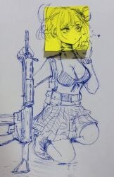 1girls bikini_top bra breasts cleavage female gun heart himiko_toga kneeling komeji_nouzy my_hero_academia post-it_note sketch skirt solo toga_himiko weapon