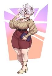 1girls ass aunt aunt_hellen_(insouwu) belly_button big_ass big_breasts black_nails blush blush breasts earrings eyebags fangs female hair_over_one_eye insouwu massive_ass massive_breasts mature_female milf mole_on_breast nail_polish necklace no_bra original_character peace_sign piercing red_eyes short_hair text text_bubble thick_ass thick_lips thighhighs tomboy_milf uniform white_body white_hair white_skin