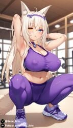 ai_generated blonde_hair blue_eyes cat_ears cat_tail catgirl coconut_(sayori) covered_nipples covered_pussy gumi_arts gym heterochromia indoors large_breasts leggings nekopara sports_bra sportswear squatting stable_diffusion yellow_eyes