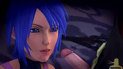 1boy 1girls 3d animated aqua_(kingdom_hearts) blue_eyes blue_hair clothed cum cum_on_face eyelashes faceless_male facial female footwear gloves head_grab human keyblade kingdom_hearts lipstick male music open_mouth oral penis penis_out red_lipstick rocksolidsnake saliva sound source_request straight sucking tears teeth terra_(kingdom_hearts) tongue tongue_out video weapon