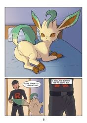 absurd_res ass bedroom_background bedroom_eyes clothed clothing comic eeveelution ekayas female feral generation_4_pokemon genitals gloves_(marking) headgear hi_res human leafeon leg_markings male mammal markings narrowed_eyes nintendo pokemon pokemon_(species) presenting presenting_hindquarters presenting_pussy pussy raised_tail seductive socks_(marking) tail