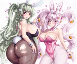 2girls alice_(nikke) alice_(wonderland_bunny)_(nikke) ass big_ass big_breasts breasts bunny_ears bunny_girl bunnysuit dat_ass female goddess_of_victory:_nikke green_hair huge_ass huge_breasts large_breasts light-skinned_female light_skin long_hair looking_at_viewer looking_back pink_eyes pink_hair purple_eyes sevie smile soda_(nikke) soda_(twinkling_bunny)_(nikke) thick_thighs twintails voluptuous voluptuous_female