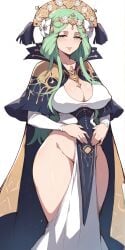 ai_generated bare_thighs cleavage fire_emblem fire_emblem:_three_houses green_eyes green_hair large_breasts rhea_(fire_emblem) sunday_poonday white_background