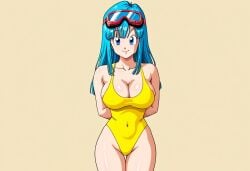 ai_generated arms_behind_back blue_eyes blue_hair civitai dragon_ball dragon_ball_z goggles large_breasts long_hair maron swimsuit yellow_swimsuit