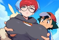 1boy ai_generated breast_grab female grabbing groping huge_breasts mullon muscular_male novelai penny_(pokemon) pokemon pokemon_(anime) pokemon_journeys pokemon_sv satoshi_(pokemon) smile team_star