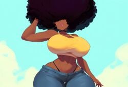 afro ai_generated big_breasts brinne curvy hair_over_eyes mullon novelai original_character solo tank_top thong voluptuous_female wide_hips