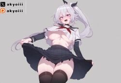 1girls ai_generated akyoi black_panties black_ribbon black_skirt black_thighhighs blush fangs large_breast long_hair looking_at_viewer oc open_mouth original_character panties ponytail purple_eyes red_ribbon ribbon school_uniform silver_hair skirt skirt_lift standing tight_clothing tongue tongue_out underboob white_background