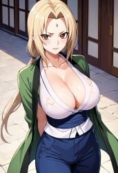 ai_generated arms_behind_back big_breasts blonde_hair brown_eyes civitai damaged_clothes forehead_mark large_breasts long_hair looking_at_viewer mommy naruto naruto_(series) naruto_shippuden ripped_clothing tsunade