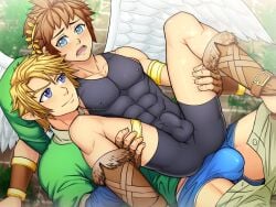 2boys blue_eyes clothed clothed_male gay imminent_sex link_(skyward_sword) male male_only muscles muscular muscular_male nintendo open_mouth pit_(kid_icarus) skyward_sword suiton the_legend_of_zelda underwear wings