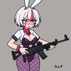 1girls ai_generated blush bunny_tail cameltoe game_cg holding_weapon jashinn large_breasts pink_eyes playboy_bunny rabbit_ears rabbit_hole_(vocaloid) school_uniform solo stable_diffusion syahata's_bad_day uwu weapon white_background white_hair