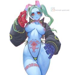 1:1_aspect_ratio adultification alternative_bust_size animal_ears aqua_hair areolae artist_name bikini bikini_bottom black_jacket blue_skin breasts bunny_ears cleavage closed_mouth clothing colored_sclera colored_skin cowboy_shot curvaceous cybernetic_eye cybernetic_limb cybernetic_parts cybernetics cyberpunk cyberpunk:_edgerunners cyberpunk_(series) cyberpunk_2077 exposed_breasts exposed_chest exposed_nipples female full_cleavage functionally_nude furrowed_eyebrows gluteal_fold grabbing_ears green_bikini green_pupils green_swimsuit hand_on_hip headwear jacket jitoryomaster large_breasts leg_tattoo long_hair long_sleeves looking_at_viewer mechanical_arms medium_breasts melowh navel neck_tattoo nervous nervous_face nipples no_bra nude_filter open_clothes open_jacket orange_sclera prosthetic_hand puffy_areolae puffy_long_sleeves puffy_sleeves rebecca_(cyberpunk_edgerunners) rebecca_(edgerunners) revision seductive seductive_body seductive_look seductive_pose seductive_woman side-tie_bikini_bottom side-tie_clothing side-tie_swimsuit simple_background slight_frown solo standing stomach stomach_tattoo swimsuit tattoo thick_thighs thigh_gap thighs third-party_edit thong tied_hair toned topless twintails unsure_look voluptuous white_background wide_hips