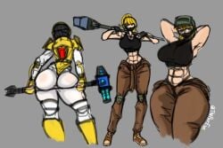 3girls abs behind_view big_ass big_butt bubble_butt clothed clothed_female clothing female female_only front_view muscular_female presenting_hindquarters roblox roblox_game roblox_myth robloxian sketch skin_tight slammer_(tower_defense_x) small_waist thepureye_(artist) thick_thighs tower_defense_x wide_hips