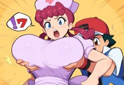 1boy 1girls ai_generated angry breast_grab female grabbing huge_breasts mullon muscular_male novelai nurse nurse_joy pokémon pokemon pokemon_(anime) pokemon_center pokemon_journeys satoshi_(pokemon) surprised