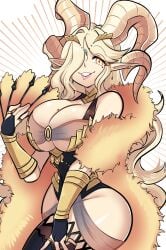 armwear blonde_hair dragon_girl dragon_horns dragon_tail elbow_gloves full_body fully_clothed fur_coat gloves gold_footwear gold_horns golden_eyes hair_over_one_eye hand_fan highleg highleg_leotard hips huge_breasts jewelry kulve_taroth large_breasts legs_up legwear light-skinned_female lipstick long_ears long_hair looking_at_another milf missandydandy mole_on_breast mole_under_eye monster_hunter revealing revealing_clothes ring sfw solo_female thick_thighs underboob vambraces voluptuous_female