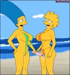 2girls age_difference aged_up beach bikini bikini_bottom bikini_top breasts duo female female_only green_bikini human lisa_simpson looking_at_another marge_simpson mostly_nude mother_and_daughter multiple_girls nipple_bulge nipples nipples_visible_through_clothing ocean open_mouth orgasm outdoors pussy_ejaculation pussy_juice sand sex_toy sexfightfun smile the_simpsons vibrator yellow_skin yuri