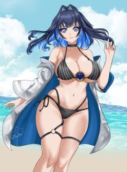 1girls 2d 2d_(artwork) alternate_costume beach belly_button big_breasts bikini bikini_bottom bikini_top black_bikini black_bikini_bottom black_bikini_top blue_eyes blue_hair blue_nails bra clouds day female female_focus female_only front_view high_resolution highres hololive hololive_english hololive_english_-council- hourglass_figure light-skinned_female light_skin looking_at_viewer multi-strapped_bikini navel ocean ouro_kronii outdoors revealing_swimsuit sand short_hair sky slim_girl smiling smiling_at_viewer solo solo_female solo_focus standing summer swimsuit thong thong_bikini two_piece_swimsuit two_tone_hair valneeko virtual_youtuber voluptuous voluptuous_female vtuber vtuberfanart water young younger_female