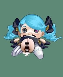 bar_censor censored cum cum_in_pussy doll female green_background gwen_(league_of_legends) hua_zhong_yu league_of_legends long_hair pussy sex_doll simple_background solo twintails