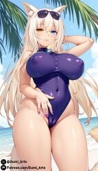 ai_generated beach blonde_hair blue_eyes cat_ears cat_tail catgirl coconut_(sayori) covered_nipples covered_pussy gumi_arts heterochromia large_breasts looking_at_viewer nail_polish nekopara one_piece_swimsuit outdoors stable_diffusion standing yellow_eyes
