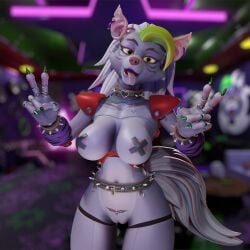 3d 3d_(artwork) 3d_artwork 3d_model 
 animatronic anthro belt big_breasts bracelet breasts canid canine canis collar double_v_sign ear_piercing ear_ring female five_nights_at_freddy&#039;s five_nights_at_freddy&#039;s:_security_breach fnaf genitals gesture hand_gesture hi_res jewelry machine mammal mauve_suma mayosplash nipple_tape pasties piercing pussy ring_piercing robot roxanne_wolf_(fnaf) roxanne_wolf_(mayosplash) scottgames solo spiked_bracelet spikes steel_wool_studios tape thick_thighs tongue tongue_out v_sign wolf yellow_eyes