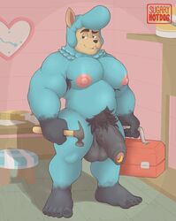 1boy 2017 alpaca animal_crossing anthro anthro_only armpit_hair artist_logo artist_name balls ballsack beefy big_balls big_pecs big_penis blue_fur body_fur body_hair camelid chest_hair cyrus_(animal_crossing) detailed_background erect_nipples foreskin gloves_(marking) hairy hairy_balls hairy_chest hammer hirsute huge_balls huge_cock huge_pecs huge_penis intact loose_foreskin male male_nipples male_only male_pubic_hair musclegut muscles muscular_male naked nintendo nude nude_male pecs penis prince_albert_piercing scrotum semi-erect socks_(marking) solo sugaryhotdog testicles toony uncut unretracted_foreskin veiny_penis video_games