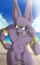 anthro balls beerus dialogue domestic_cat dragon_ball dragon_ball_super english_text felid feline felis flaccid foot_ninja15 foreskin genitals hi_res humanoid_genitalia humanoid_penis looking_at_viewer male male_only mammal nude nude_anthro nude_male penis purple_body solo talking_to_viewer text wiping_forehead