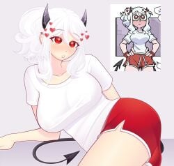 artist_name big_breasts breasts butt clothed clothed_female clothes clothing female_focus g10v8n giovan108 heart heart-shaped_pupils hearts helltaker horns modeus_(helltaker) red_eyes shorts tail