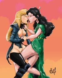 2girls black_hair blonde_hair clothed_sex female female_only human human_only leah_(marvel) light-skinned_female light_skin magik_(illyana_rasputin) marvel marvel_comics multiple_girls nipples nipples_touching pussy pussy_juice sealedhelm thighs thor_(series) topless x-men yuri