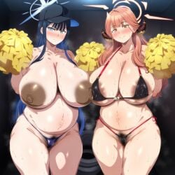 2girls ai_generated aru_(blue_archive) big_breasts blue_archive blue_eyes blue_hair blush breasts dark_areola hairy_pussy halo hat horns huge_breasts large_areolae large_breasts looking_at_viewer naked naked_female nude nude_female open_mouth pink_hair pregnant pregnant_belly pregnant_female saori_(blue_archive) smiling smiling_at_viewer yellow_eyes