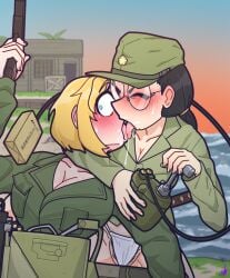 2girls black_hair blonde_hair blue_eyes dark_hair female female_focus female_only female_soldier glasses gun imperial_japan japanese_female kissing kozatchu light-skinned_female light_skin military military_hat military_uniform multiple_girls soldier tongue_kiss world_war_2 yellow_hair yuri