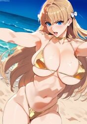 1girls 2d ai_generated beach big_breasts bikini blonde_hair gold_bikini highleg_bikini long_hair mariana_princilla micro_bikini outdoors reco_love reco_love_gold_beach solo solo_female solo_focus tagme