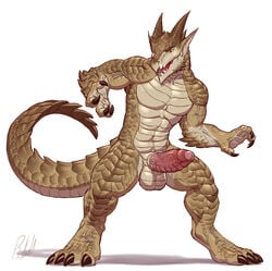 1boy 2017 anthro balls biceps big_penis brown_scales brutus_(pyronite) claws dragon erection flexing horn invalid_tag male male_only muscular muscular_male open_mouth penis pose rollwulf scales shadow simple_background solo standing teeth uncut vein