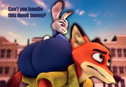 ass big_butt cindablimp dialogue female female_focus fox huge_butt judy_hopps male nick_wilde rabbit sitting sitting_on_person size_difference text zootopia