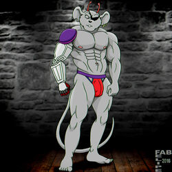 2016 abs alien antennae anthro athletic biceps big_muscles biker_mice_from_mars ear_piercing eye_patch eyewear fabfelipe fur grey_fur hi_res jockstrap male male_only mammal mechanical_arm modo_(bmfm) mouse muscular muscular_male piercing pinup pose red_eyes robotic_arm rodent solo standing tail teeth