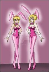 2girls blonde_hair blue_eyes bowtie breasts bunny_ears bunny_tail detached_collar fake_animal_ears fake_tail female female_only hand_on_hip high_heels hypnosis kampfer leotard looking_at_viewer medium_breasts mind_control multiple_girls pantyhose pink_leotard playboy_bunny ponytail ranma-chan ranma_1/2 ranma_saotome rosvo senou_natsuru wrist_cuffs