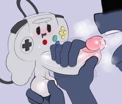 ambiguous_gender animate_inanimate balls big_balls big_penis blush bodily_fluids controller dizzytizzy drooling duo eyebrows game_controller genital_fluids genitals handjob hi_res huge_cock human humanoid humanoid_genitalia humanoid_penis imminent_ejaculation male male/ambiguous mammal motion_lines nintendo nintendo_64 nintendo_64_controller open_mouth penile penis precum saliva sex simple_eyes simple_face sweat sweatdrop teeth teeth_showing thick_penis thick_thighs tongue what