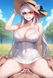 ai_generated angry angry_expression angry_eyes angry_face angry_sex balecxi clenched_teeth cowgirl_position cowgirl_position cum cum_in_pussy cum_inside dress dress_lift fate/grand_order from_below hat hip_grab holding_object kama_(fate/grand_order) large_breasts leg_grab long_hair nipples pov red_eyes red_ribbon ribbon straw_hat summer summer_dress sun_hat sundress sunhat vagina vaginal_penetration vaginal_penetration vaginal_sex white_hair