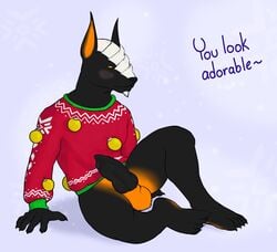 animal_genitalia animal_penis anthro balls big_balls big_penis blush bottomless canine canine_penis christmas claws clothed clothing dialogue hellhound himerosthegod holidays male male_only mammal orange_penis penis simple_background sitting solo spikes sweater valigar_(himeros)