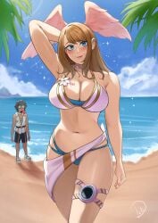 1boy 1boy1girl 1girls blue_eyes breasts delicious_brain eunie_(xenoblade) female looking_at_viewer male nintendo swimsuit tagme taion_(xenoblade) wings wings_on_head xenoblade_(series) xenoblade_chronicles_3