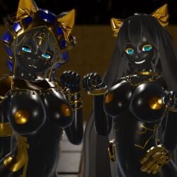 2girls 3d blue_eyes breasts cat_ears gold_nipples long_hair looking_at_viewer nipples no_bra sakusya4 short_hair