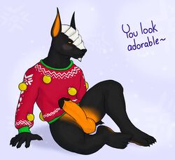 anthro balls big_balls big_penis blush bottomless canine christmas claws clothed clothing dialogue hellhound himerosthegod holidays humanoid_penis male male_only mammal orange_penis penis simple_background sitting solo spikes sweater valigar_(himeros)