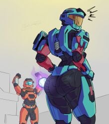 1boy 1girls alarmed ass bewitching_thighs big_ass big_butt blue_armor bodysuit butt celebrating fat_ass female female_focus female_spartan_(halo) grenade halo_(series) hands_on_hips heavenly_ass imminent_death large_butt looking_back mini_spartan orange_armor plasma_grenade plump_ass possible_death simple_background skintight skintight_bodysuit spartan spartan_(halo) spartan_iv_(halo) sticky_bomb surprised thick_thighs unsc