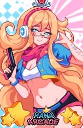 belly_button blonde_hair blue_eyes booty_shorts card_(medium) checkered_background cropped_jacket flat_stomach gamer_girl glasses gun hands_on_headphones headphones holding_gun kana_fujisawa looking_to_the_side nerdy_female pixel_art scarf solo stars tank_top yumykon yumyverse yumyverse_collectible_cards