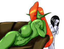 areolae black_hair blush breast_sucking breasts green_skin huge_breasts humanoid marauder6272 muscles muscular_female navel nipples nude orange_hair pointy_ears purple_eyes self_breast_sucking shrapnel_(character) sweat trish white_skin