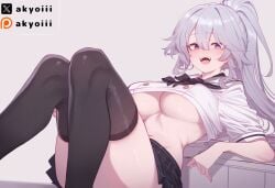1girls ai_generated akyoi black_ribbon black_skirt black_thighhighs blush fangs large_breast long_hair looking_at_viewer lying lying_down lying_on_back oc open_mouth original_character ponytail purple_eyes ribbon school_uniform silver_hair skirt tight_clothing tongue tongue_out underboob white_background