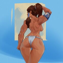 1girls armband avatar_legends big_ass big_breasts brown_hair dark_skin exposed_breasts facing_away female korra loincloth muscular partially_clothed pinafore_(artist) ponytail slim_waist solo the_avatar the_legend_of_korra thick_thighs thigh_gap topless water_tribe