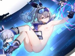 1girls armpits bare_shoulders blue_headwear blue_sunglasses breasts crossed_legs fishnet_socks fishnets grey_eyes grey_hair hairwear headwear hips honkai:_star_rail honkai_(series) hoyoverse imminent_bukkake knees legs looking_at_viewer mihoyo neutral_expression ponytail pussy pussy_lips ribcage ribs scroge showing_armpits showing_leg showing_off showing_pussy silver_eyes silver_hair silver_wolf_(honkai:_star_rail) small_breasts sunglasses sunglasses_on_head thick_thighs thighs visible_ribcage visible_ribs